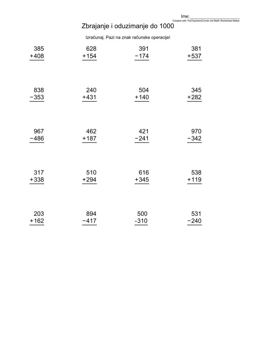 Zbrajanje i oduzimanje do 1000