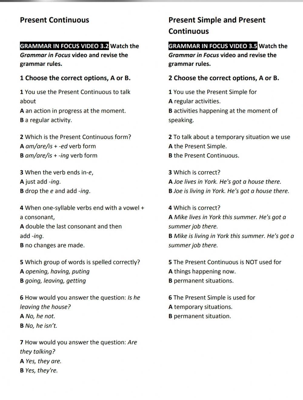 Focus 1CB unit 3 Grammar Test