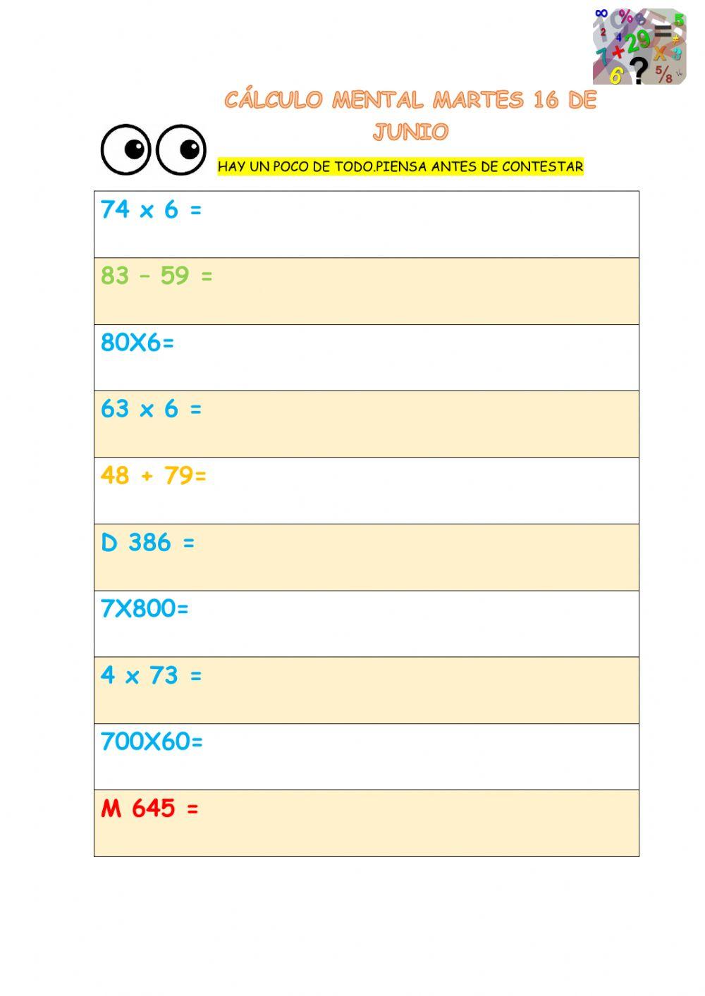 CÁLCULO MENTAL MARTES 16 DE JUNIO