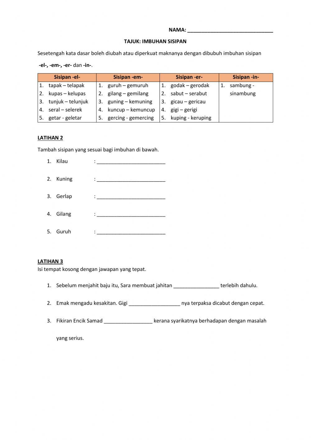 Imbuhan sisipan worksheet  Live Worksheets
