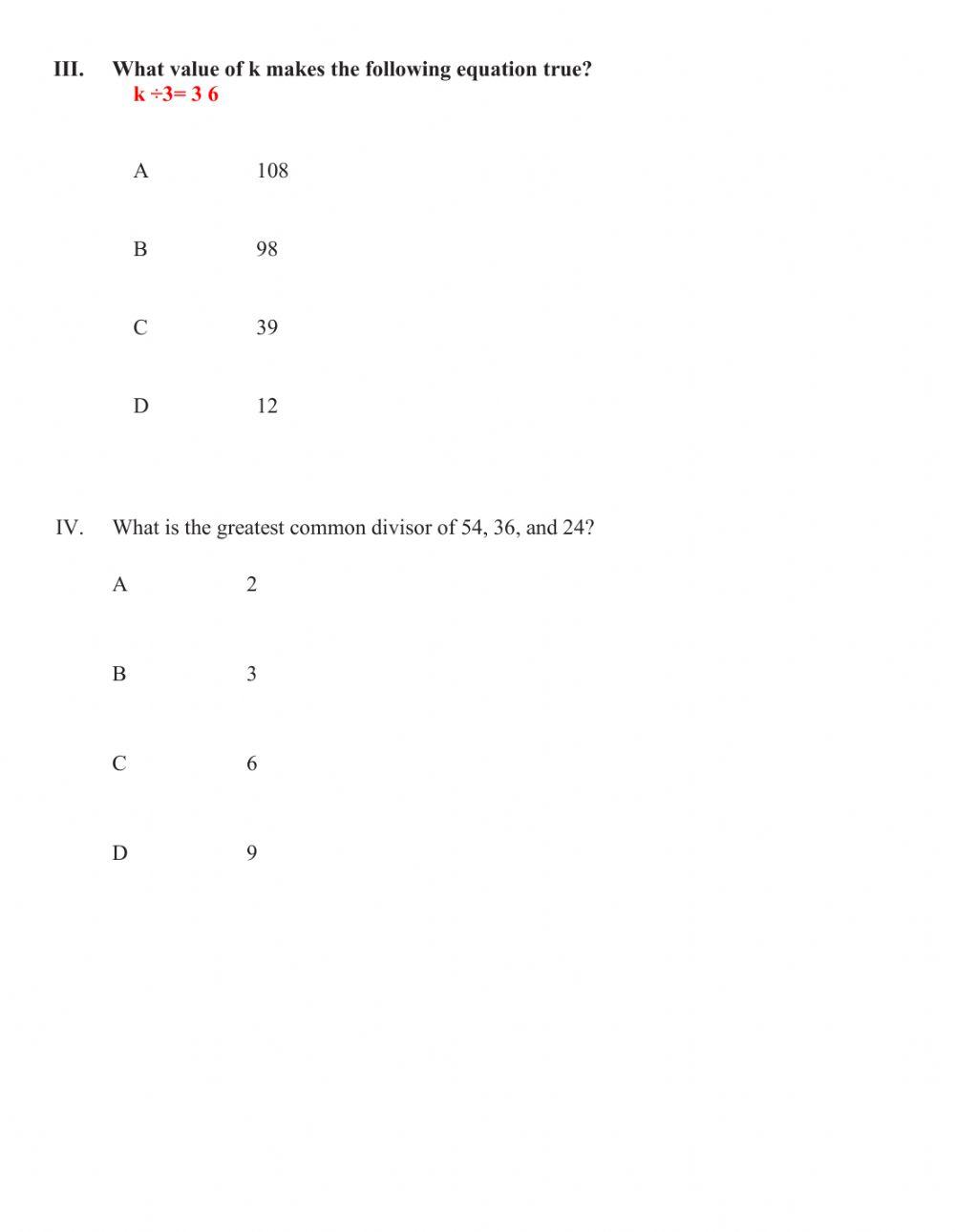 Grade 7 math placement test online exercise for live worksheets