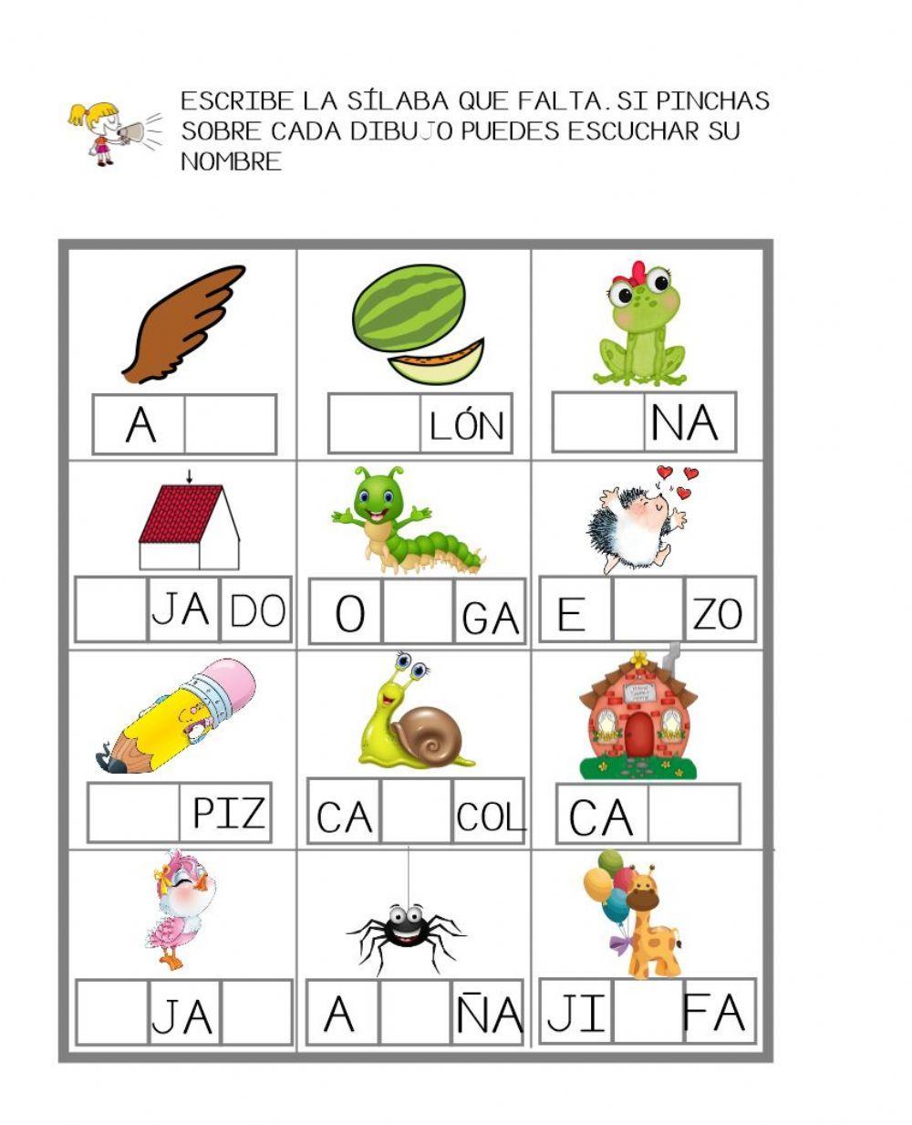 PONER SÍLABA QUE FALTA interactive worksheet | Live Worksheets