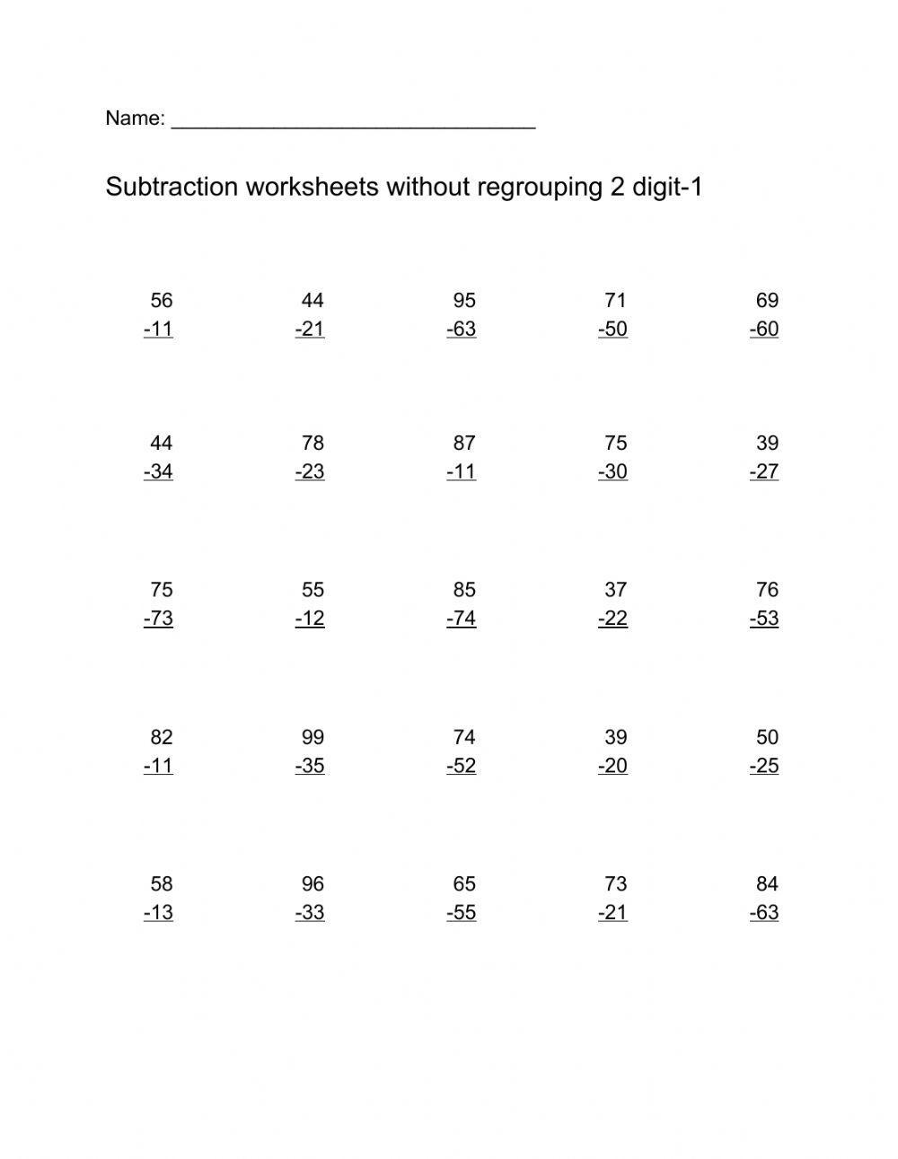 Subtraction worksheets without regrouping 2 digit 1 worksheet Live