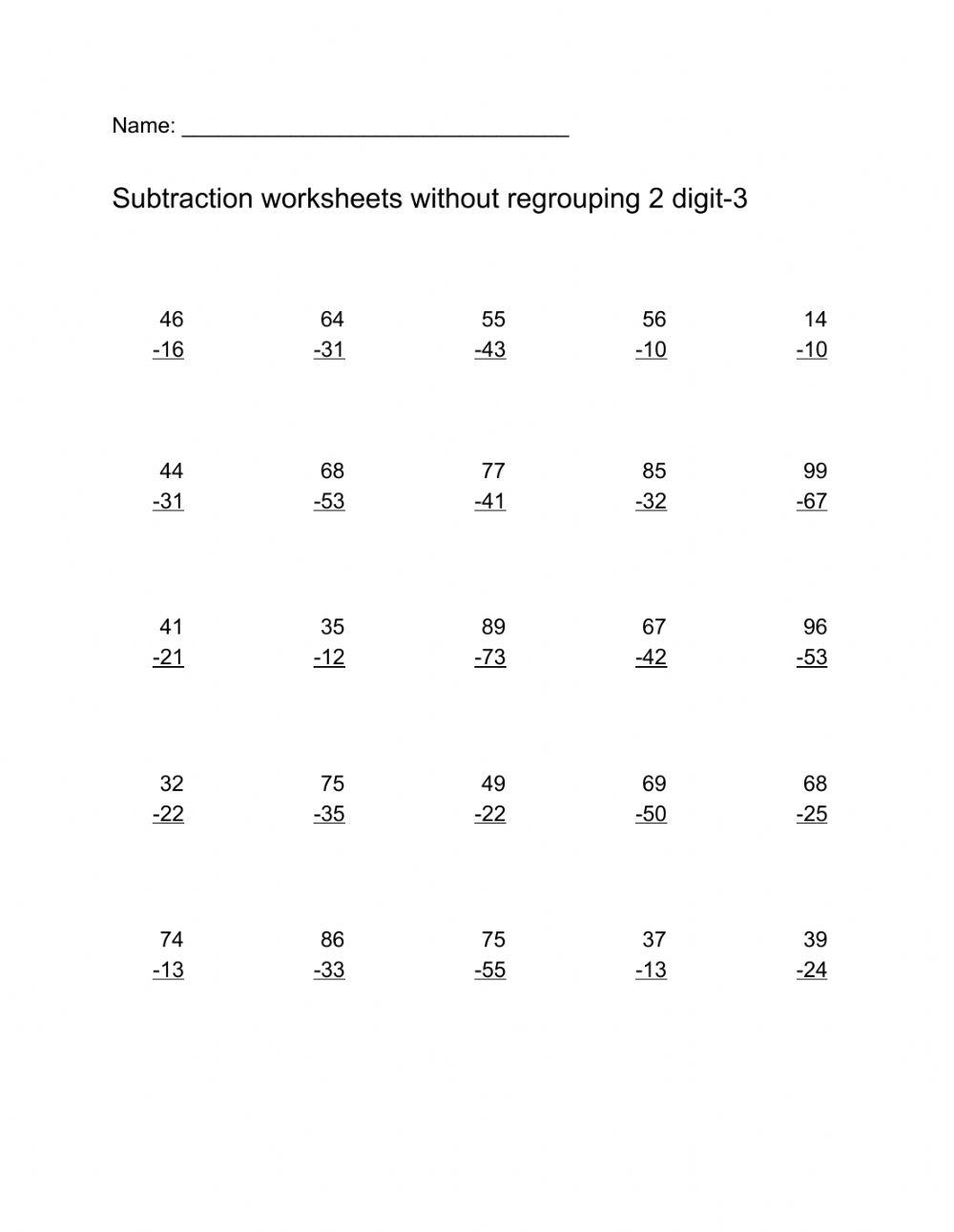Subtraction worksheets without regrouping 2 digit-3