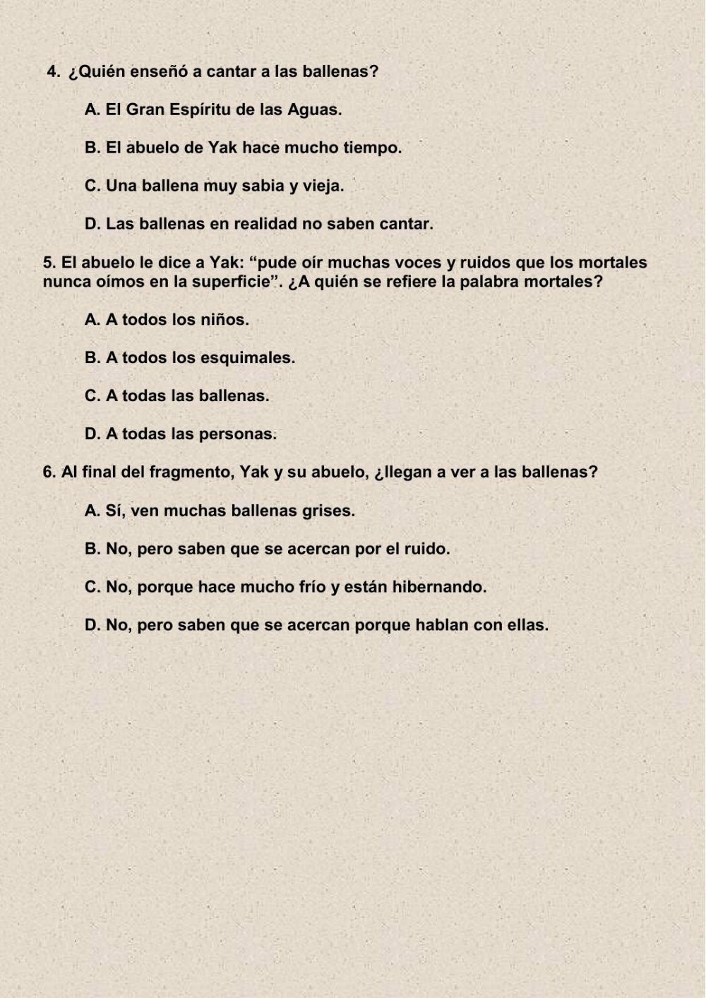 Comprensión oral V. La leyenda del canto de las ballenas