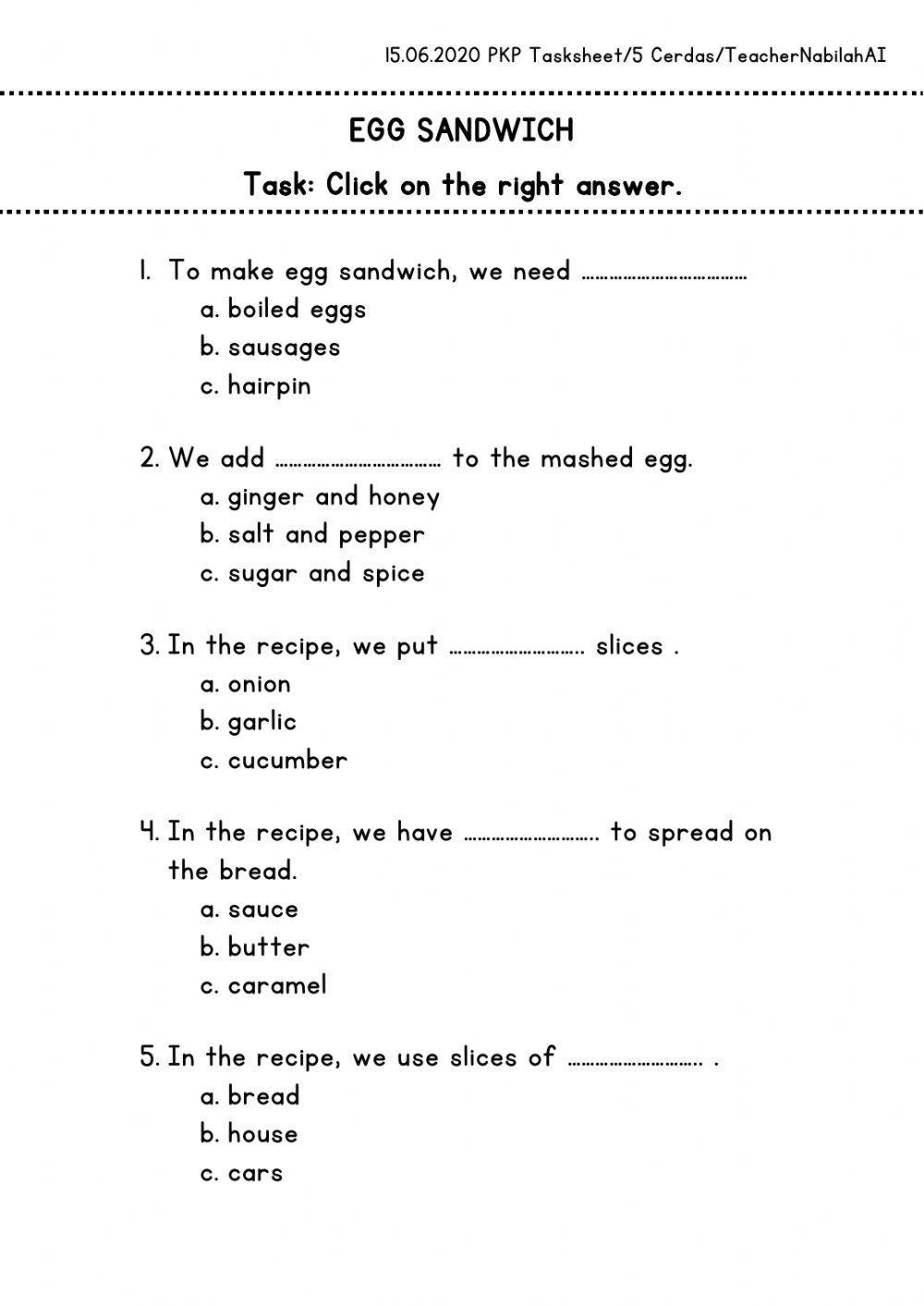 Tasksheet Year 5 Egg Sandwich