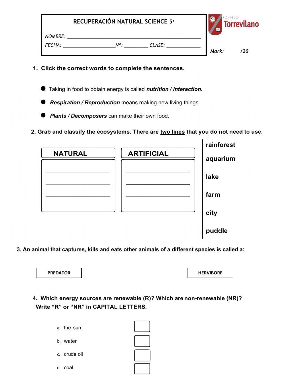Recuperacion natural science 5º