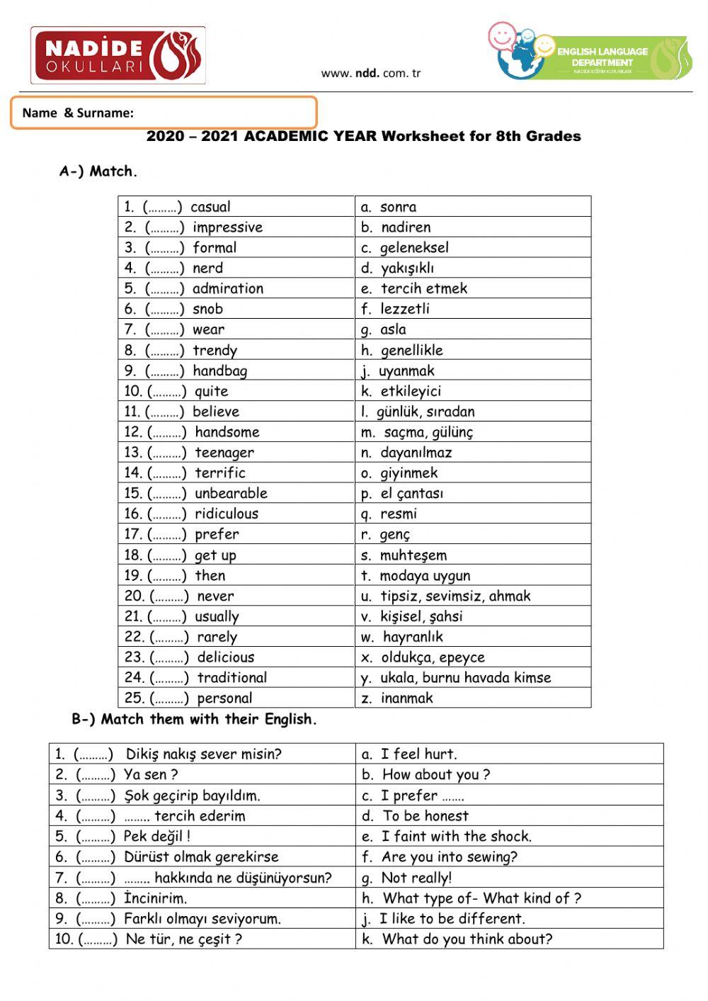 Summer 8th Grades Worksheet UNIT 2 W2