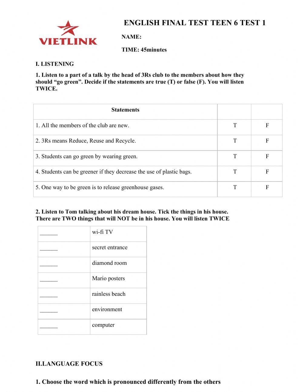 English Final Test Grade 6-Test 1