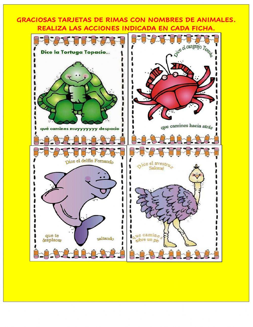 Graciosas tarjetas de rimas con nombres de animales.