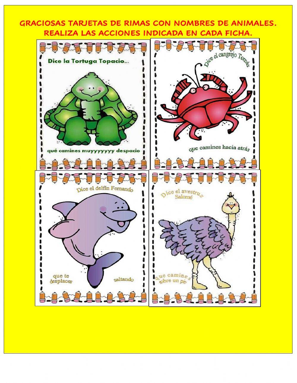 Graciosas tarjetas de rimas con nombres de animales.