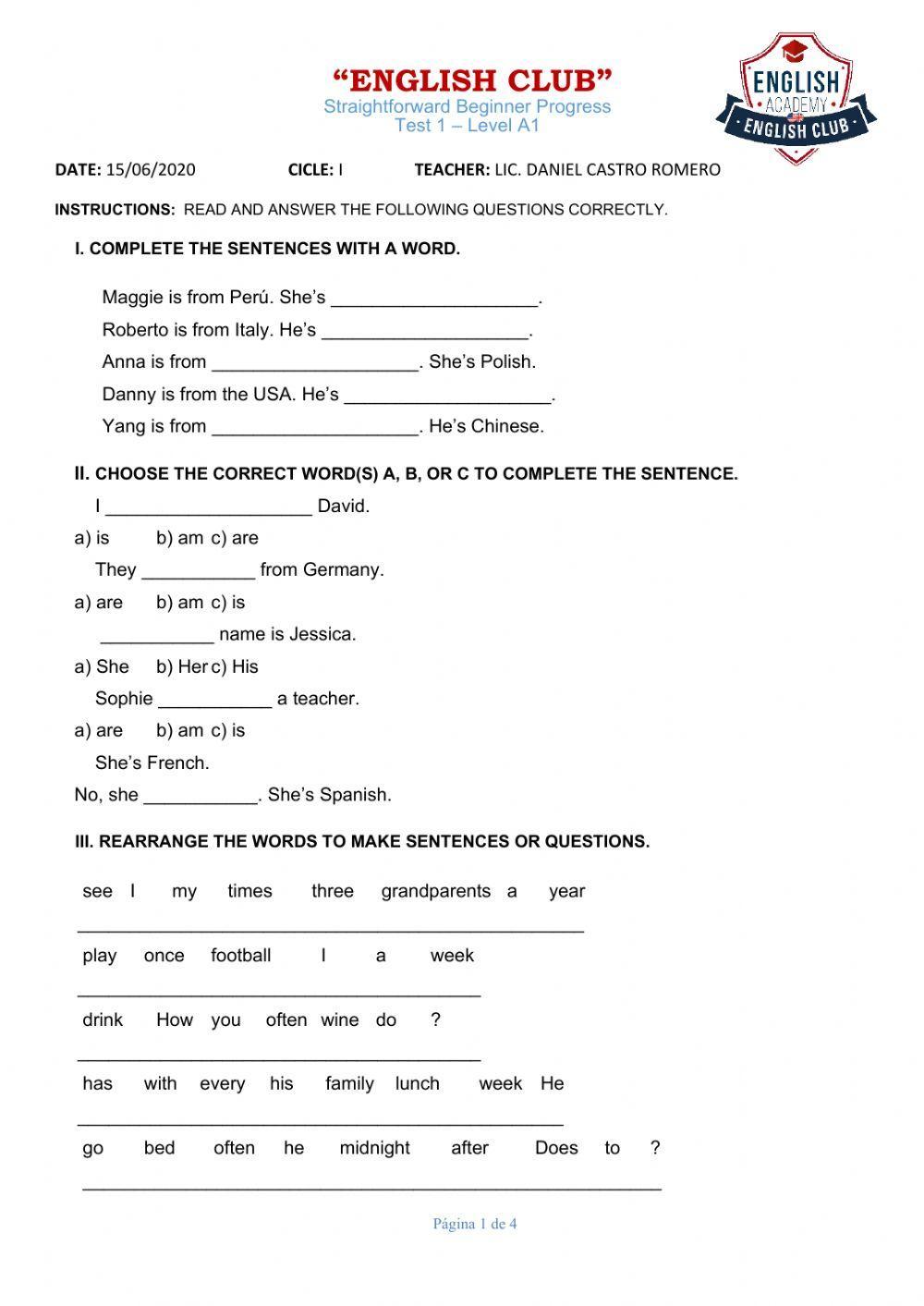 Examen de Inglés A1