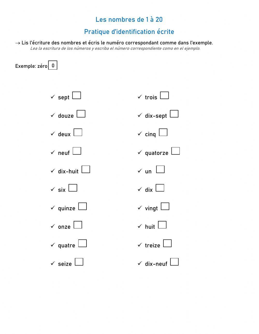 Les nombres de 1 à 20 (identification écrite)