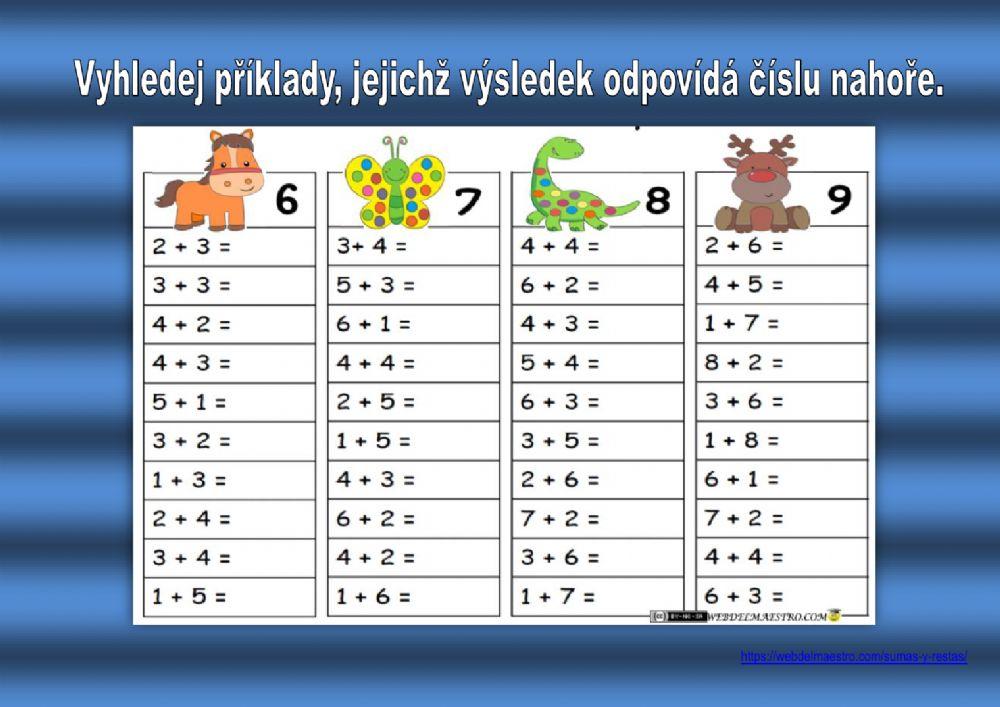 Sčítání do 10 - vyhledej příklady s daným výsledkem