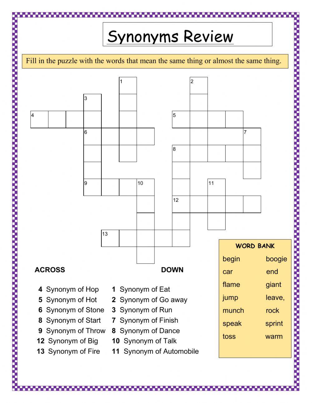 Synonyms Crossword Set 1  Advanced Level of English