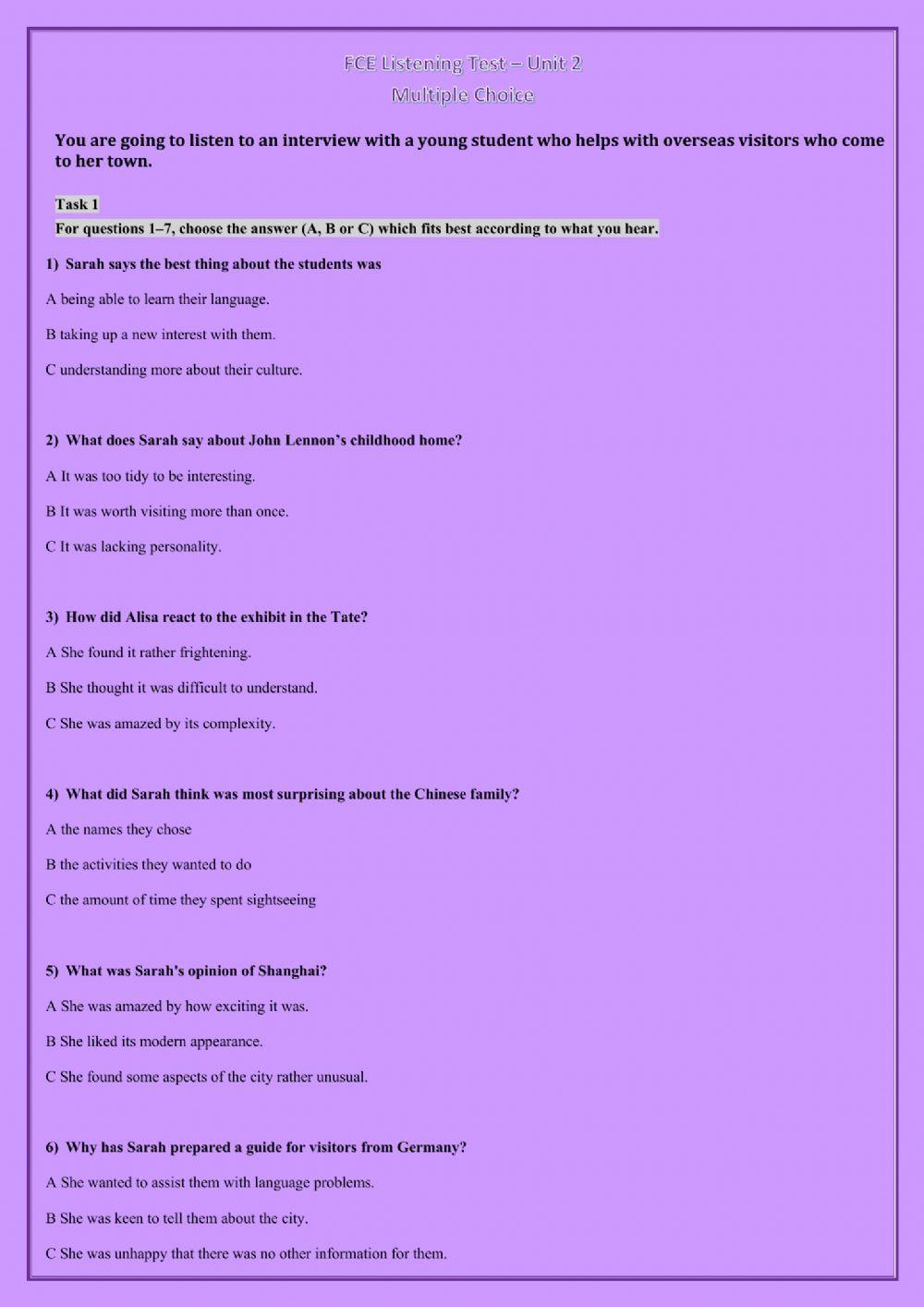 FCE Listening Test - Unit 2