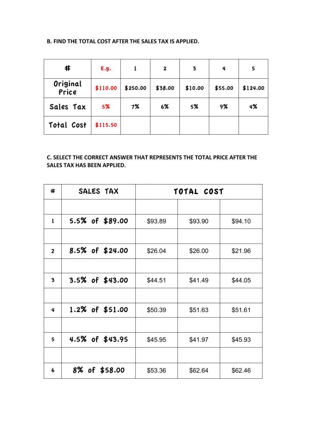 Sales Tax Worksheets