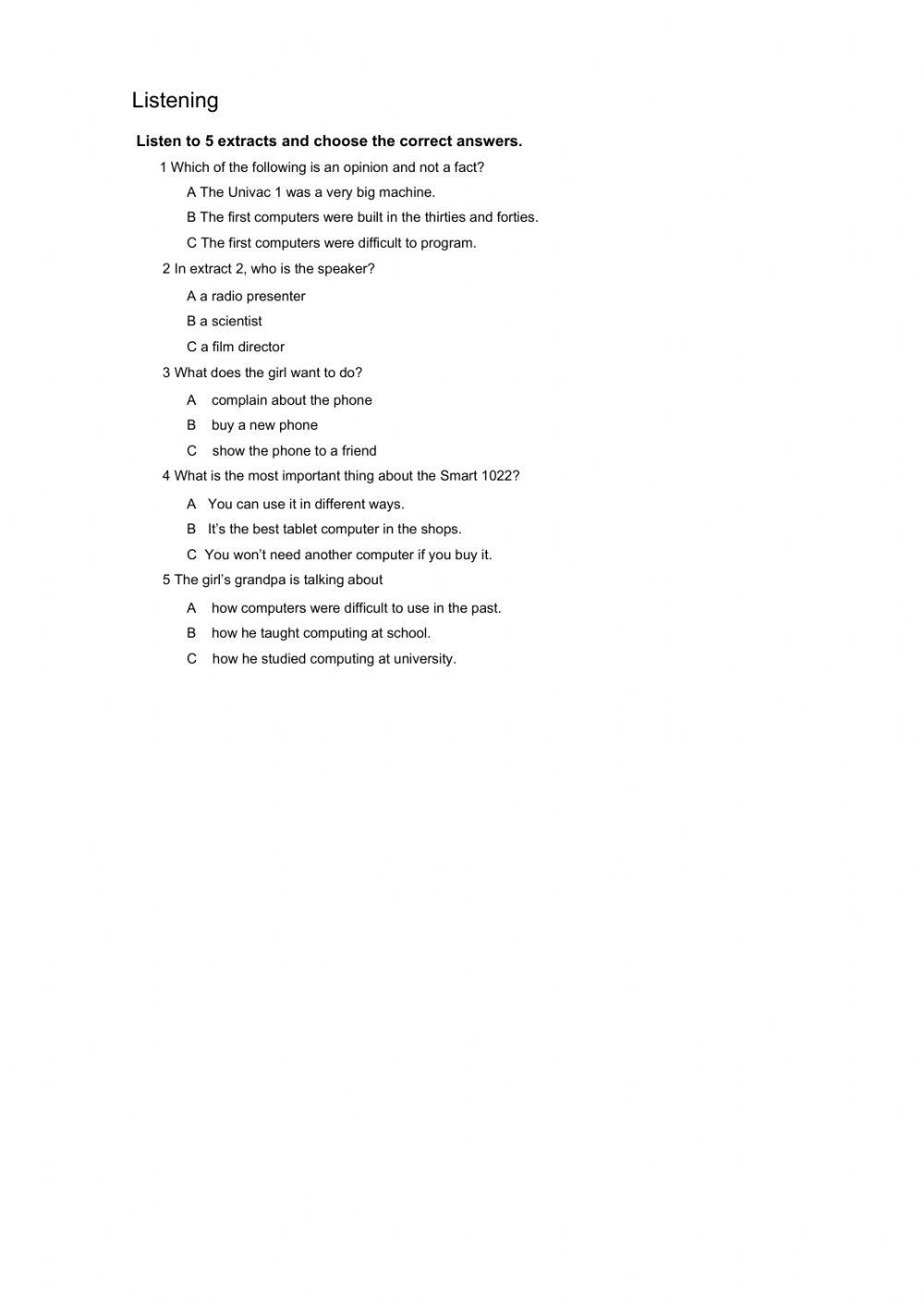 Solutions Intermediate reading and listening test