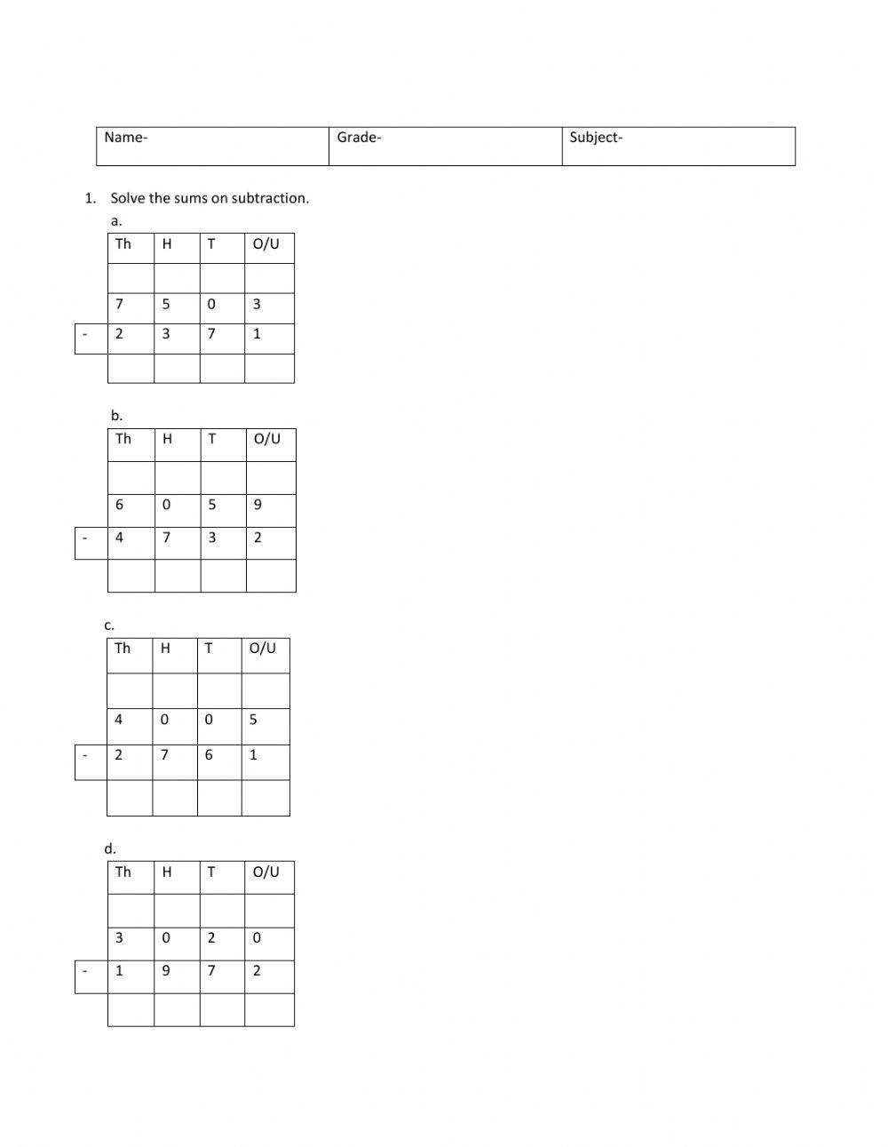 Math worksheet on subtraction