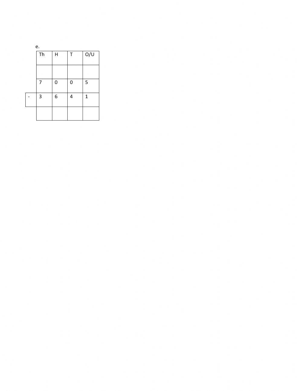 Math worksheet on subtraction