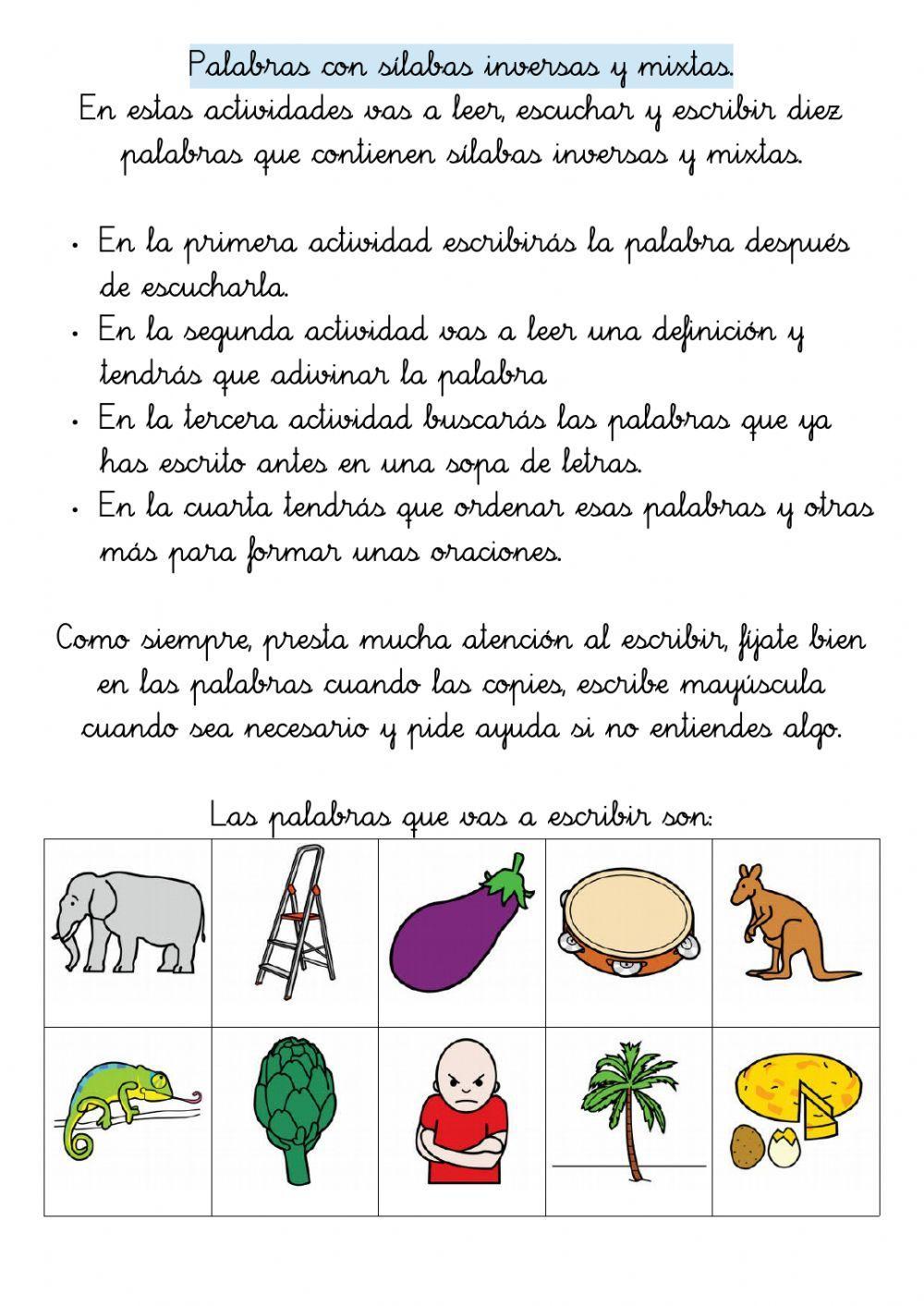 10 palabras con sílabas inversas y mixtas