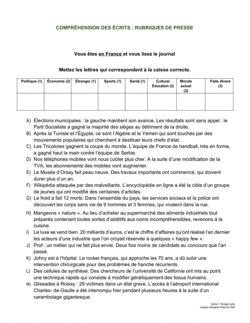 Rubriques de presse et l'article