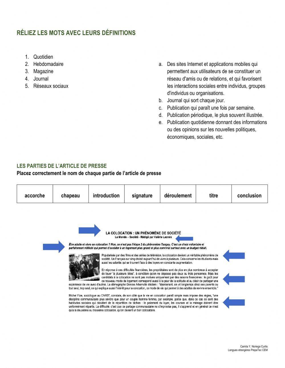Rubriques de presse et l'article