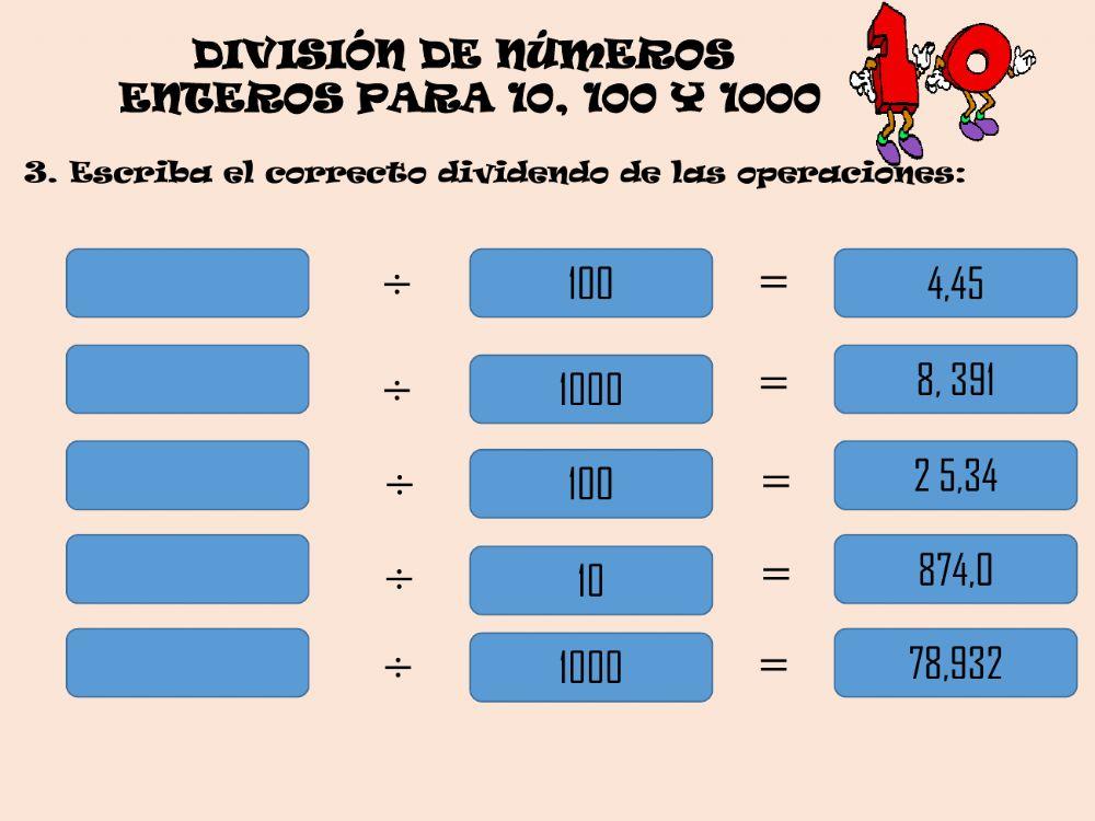 División de números enteros para 10, 100 y 1000