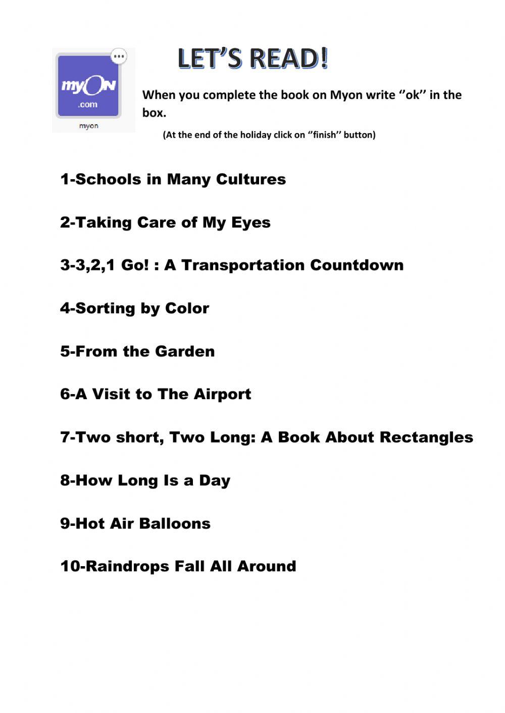 3rd Grade MyOn Books for summer