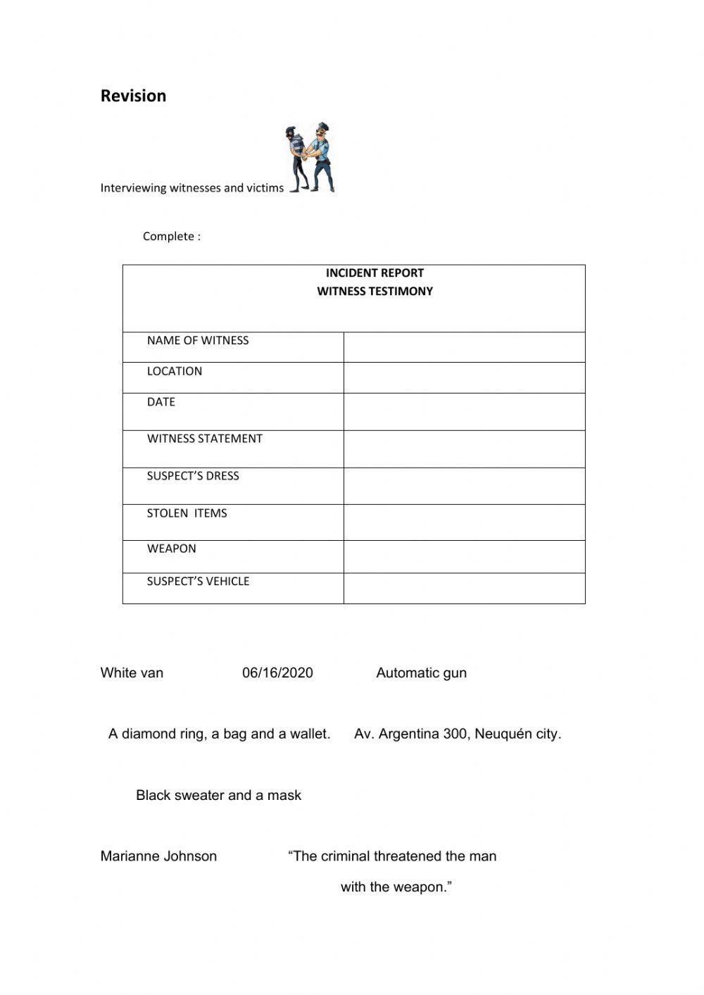 Witness report vocabulary