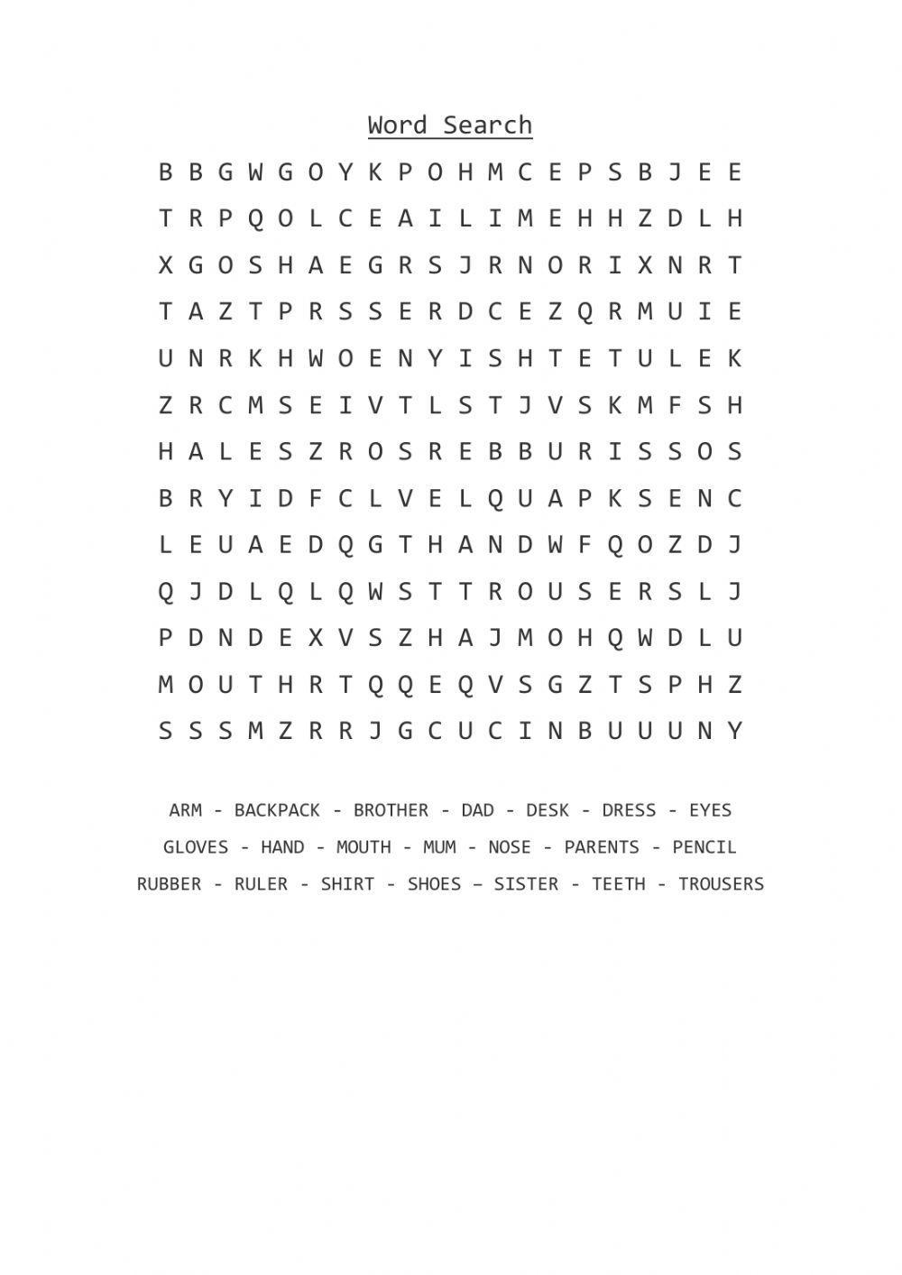 Wordsearch clothes - family - body - school