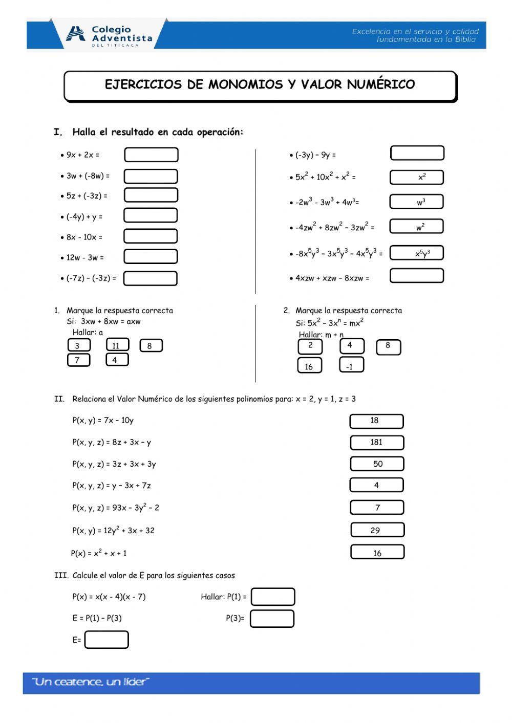 Monomios y valor numérico