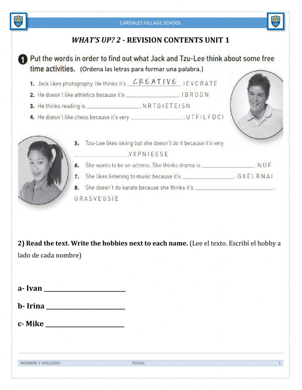 What’s up? 2 - revision contents unit 1