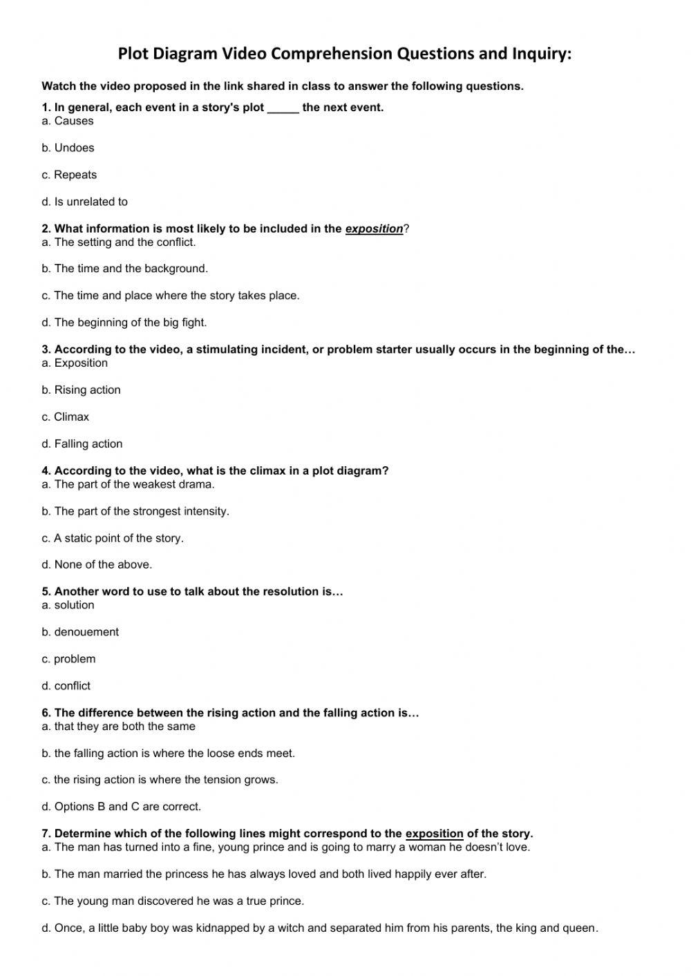 Plot Diagram Video Comprehension Worksheet