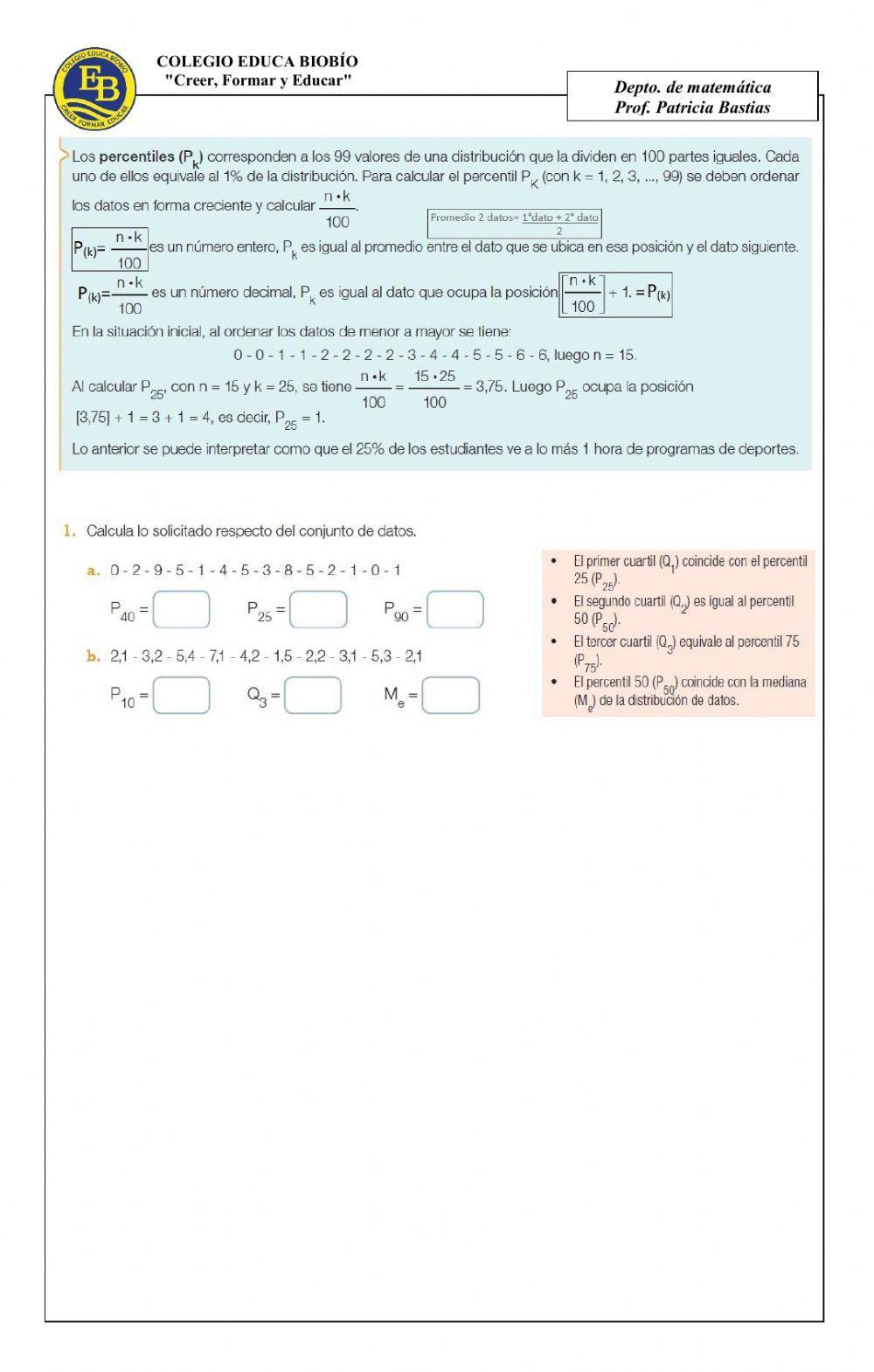 CLASE 31 8° Representar en diagramas medidas de posición como percentiles y cuartiles CLASE 31 8° Representar en diagramas medidas de posición como percentiles y cuartiles