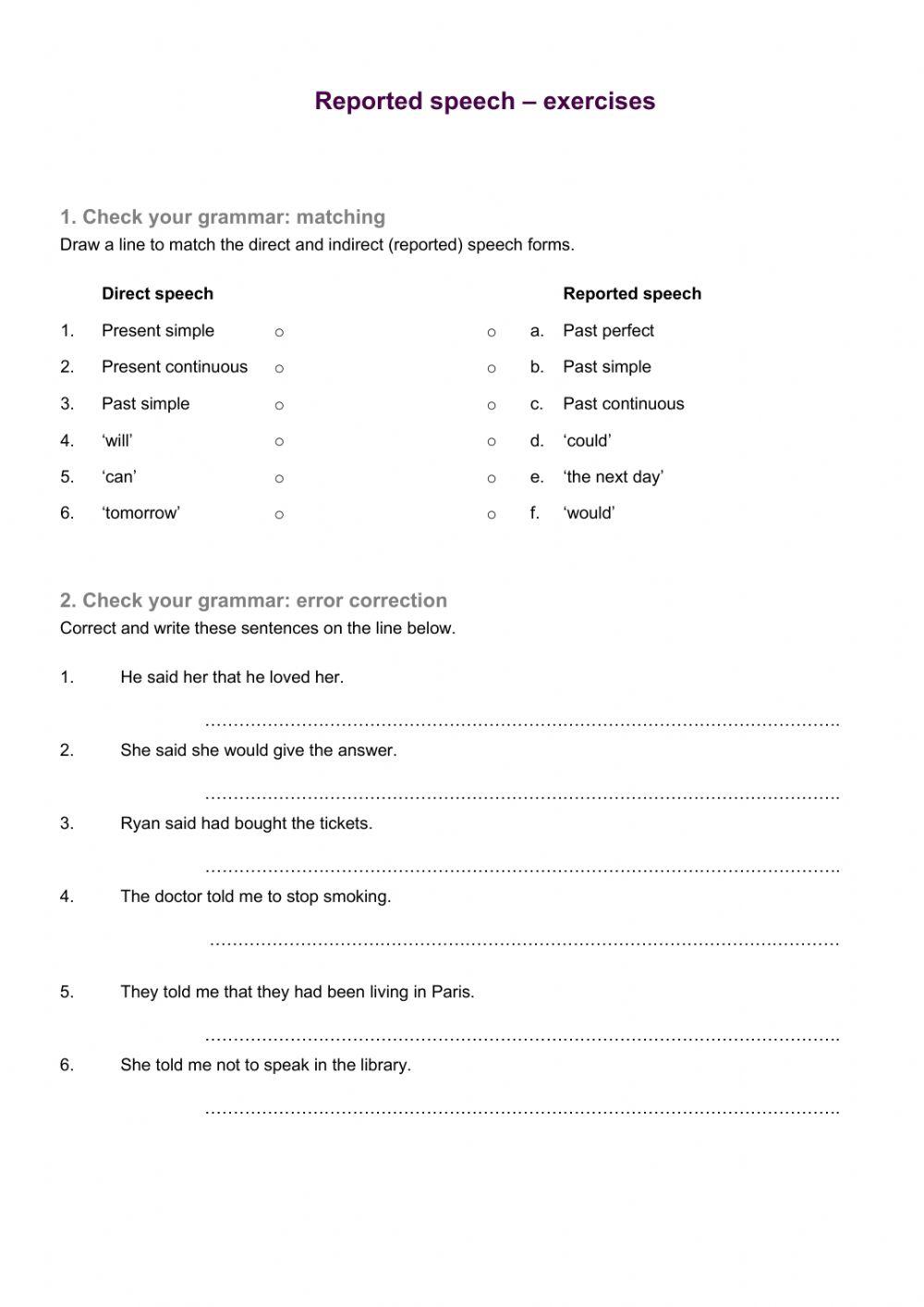 Reported speech online worksheet for Intermediate | Live Worksheets