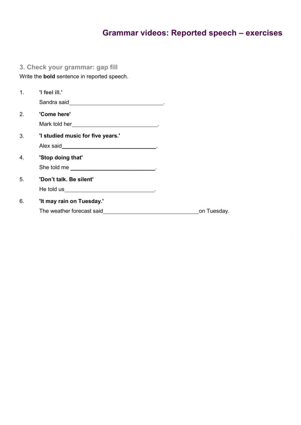 Reported speech online worksheet for Intermediate | Live Worksheets