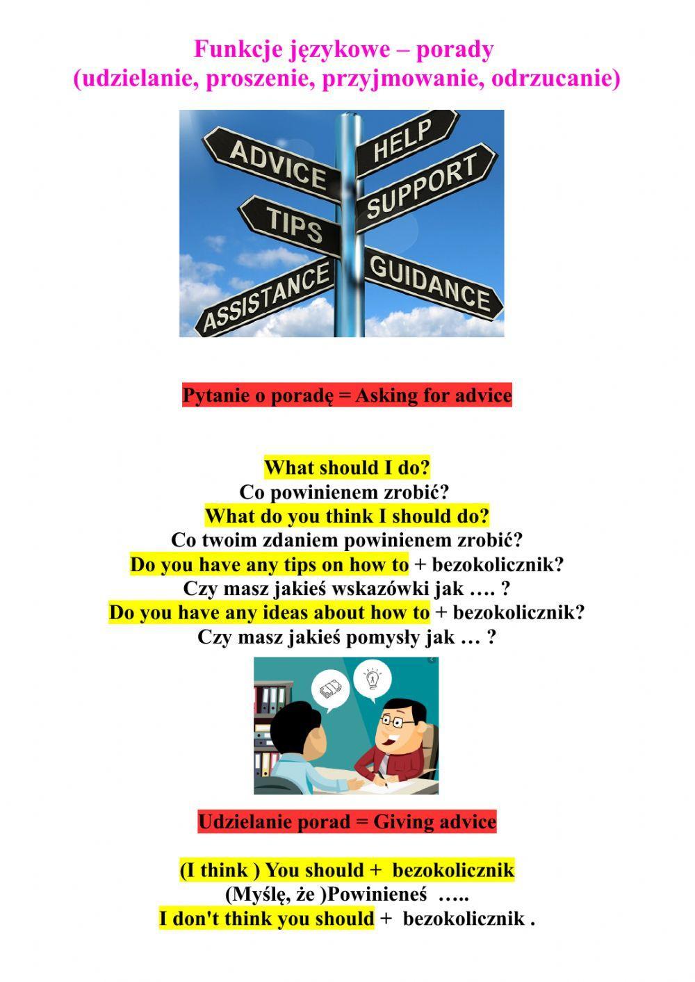 Funkcje językowe - Udzielanie porad