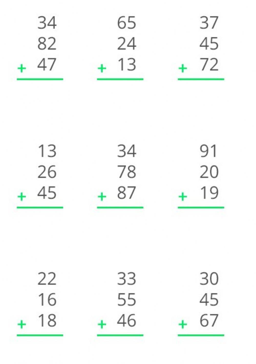 Suma de tres números de dos cifras con llevadas