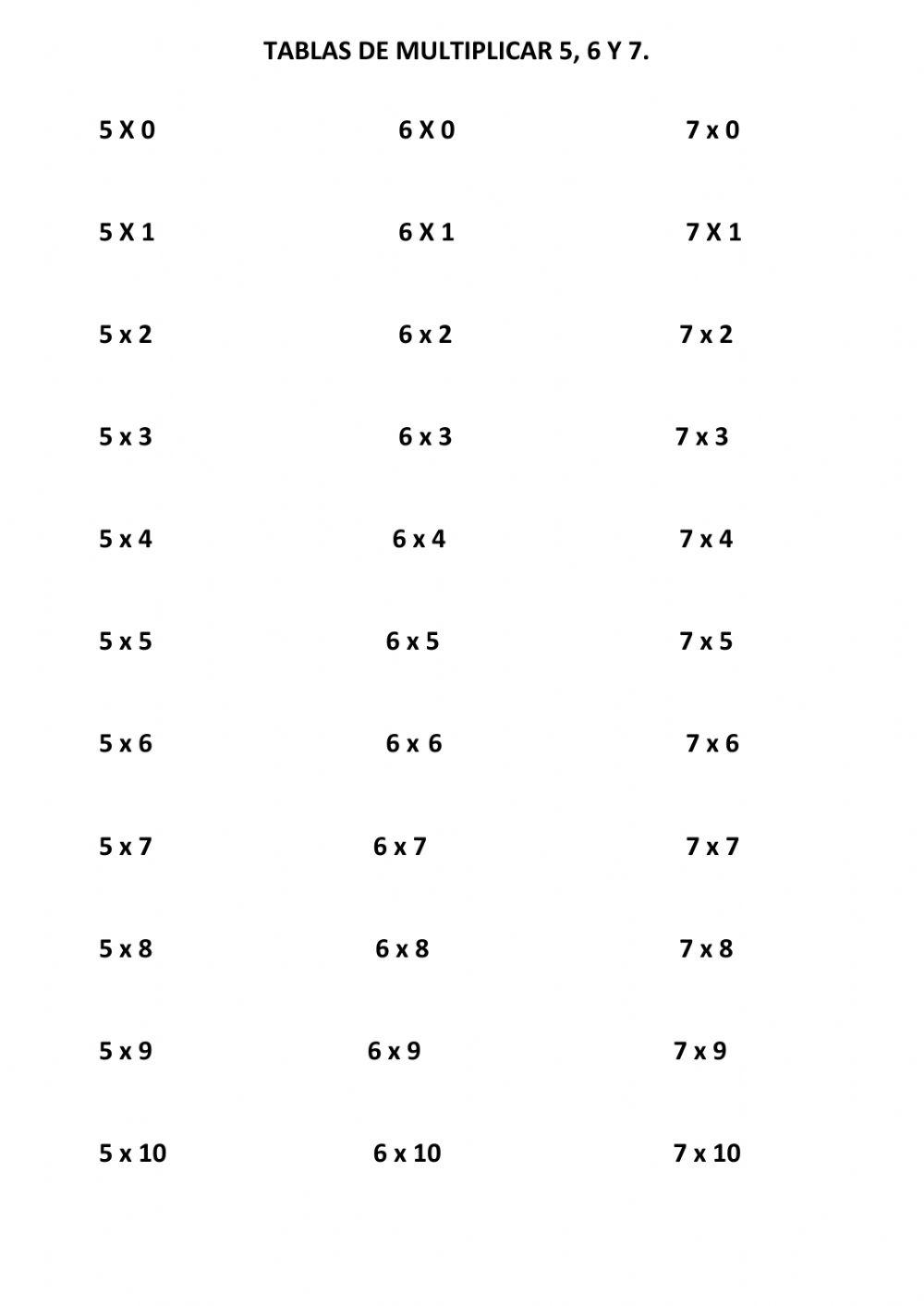 Tablas de multiplicaR 5, 6 Y 7.