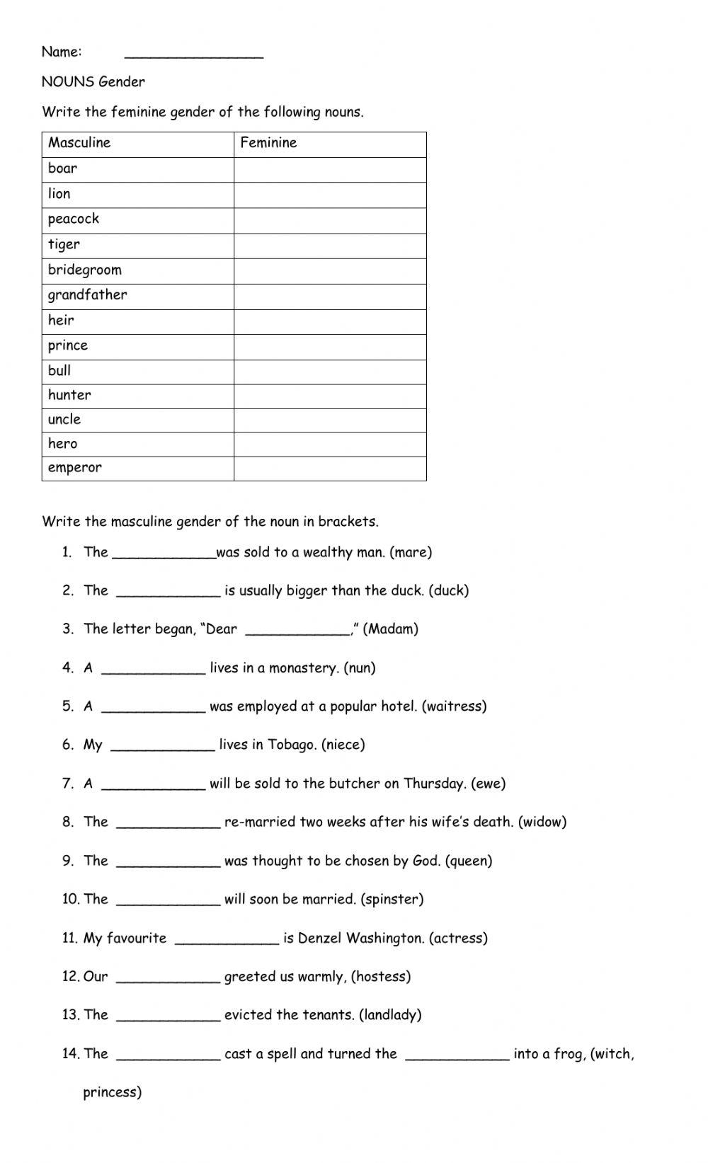 Masculine And Feminine Gender Nouns Worksheet Live 45% OFF Masculine And Feminine Gender Nouns Worksheet Live 45% OFF