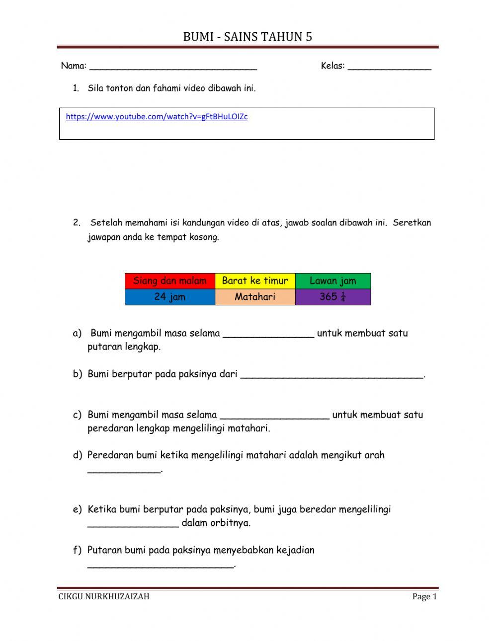 Bumi, bulan dan matahari - sains tahun 5