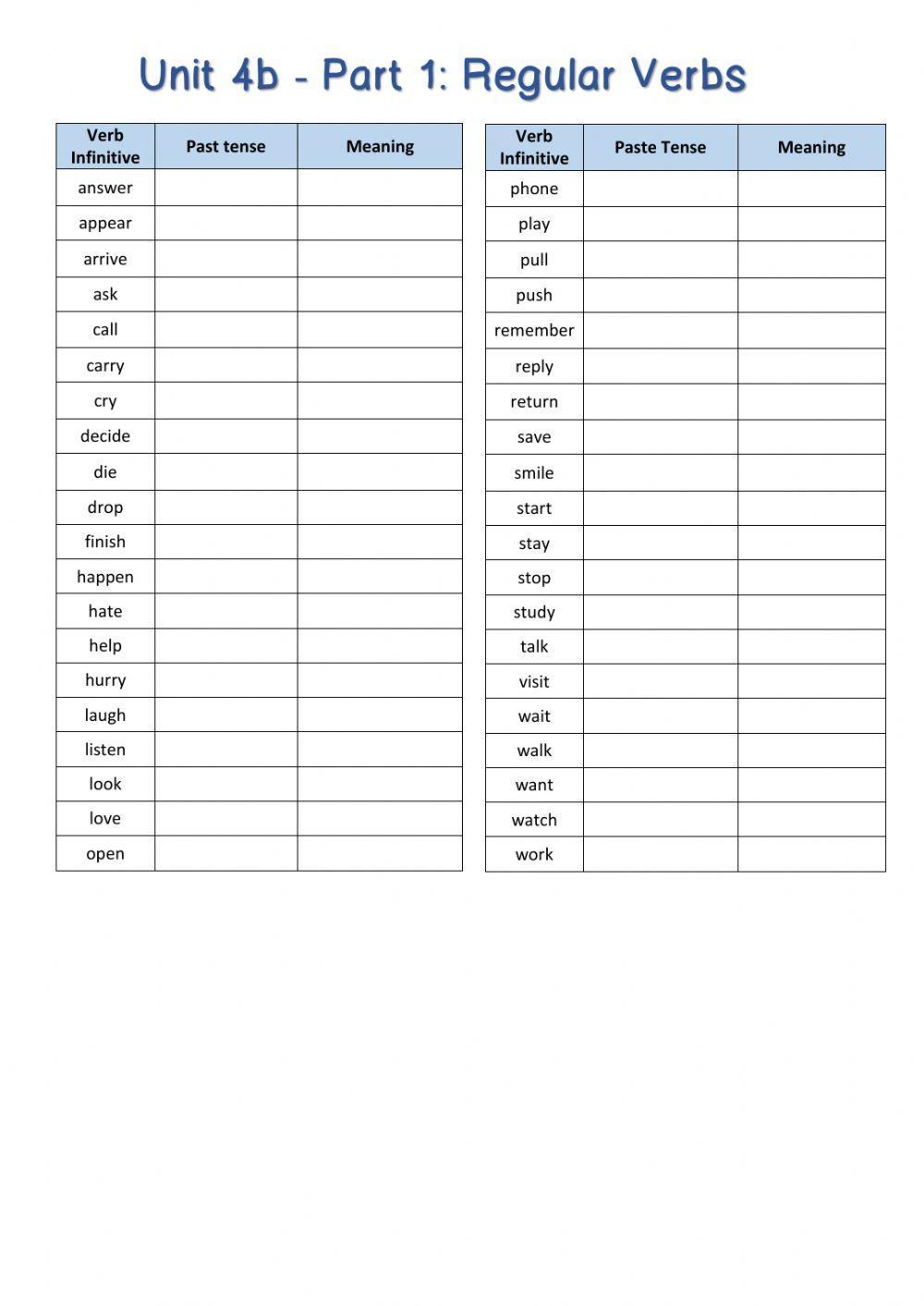 Regular Verbs List