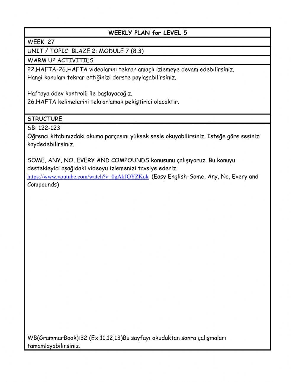Level 5 weekly plan 27