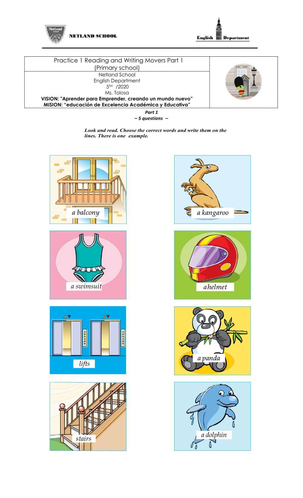 Movers Practice Reading and Writing Part 1 worksheet Live Worksheets