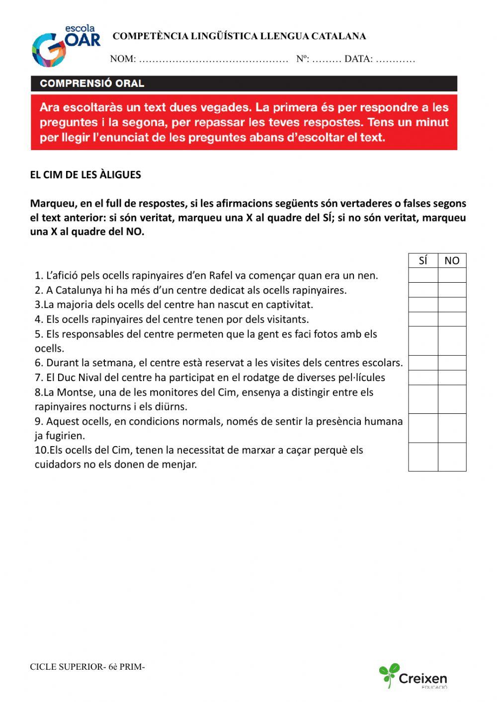 Comprensió oral 5 enunciats