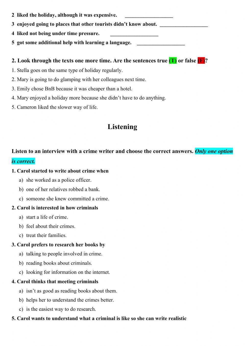 Reading and Listening Exam Solutions Pre-Intermediate
