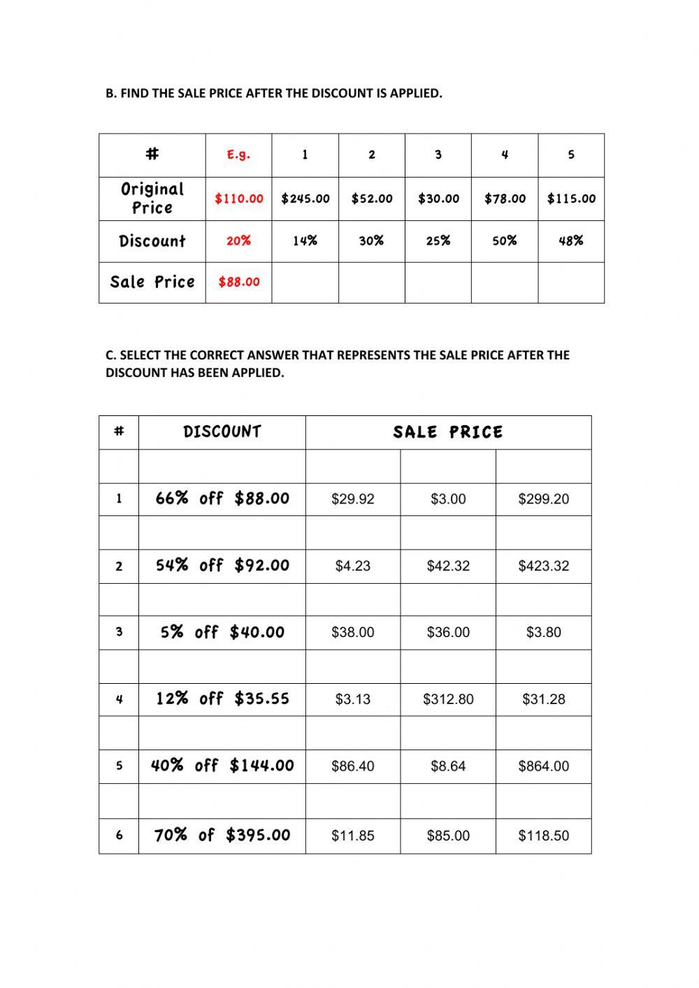 Calculating Sale Price given a Discount