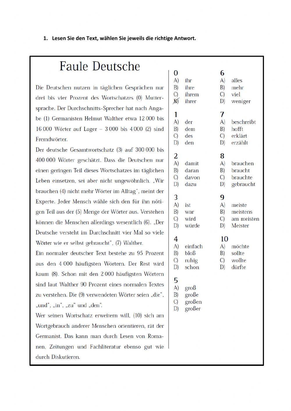 Lesetextverständnis B2 Mit Lösungen B2 Prüfung Deutsch online exercise for | Live Worksheets