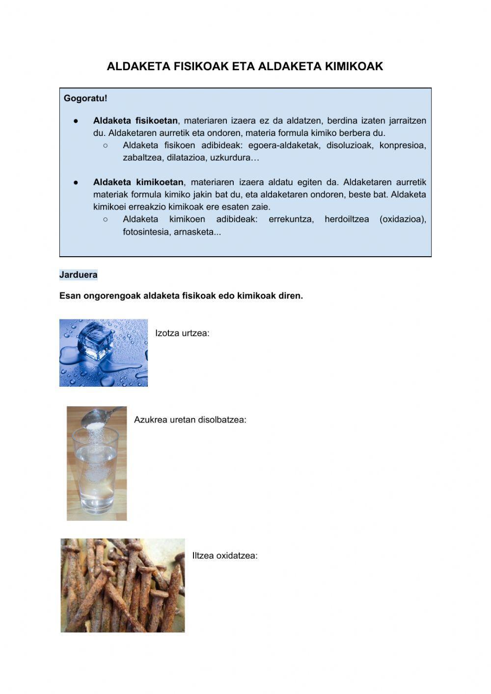 Aldaketa fisikoak eta aldaketa kimikoak